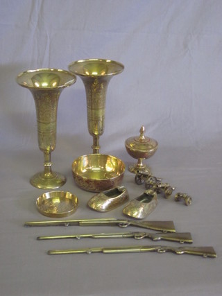 A pair of benares brass trumpet shaped vases 8 1/2" and a small collection of brassware