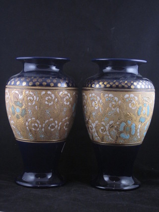 A pair of Royal Doulton blue salt glazed vases, the base  impressed Doulton AVO612 10"