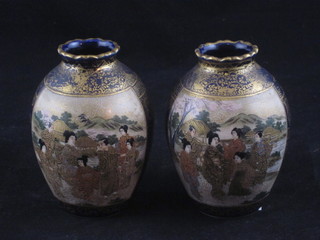 A pair of Japanese Satsuma porcelain vases decorated court figures, the base with seal mark 3 1/2"