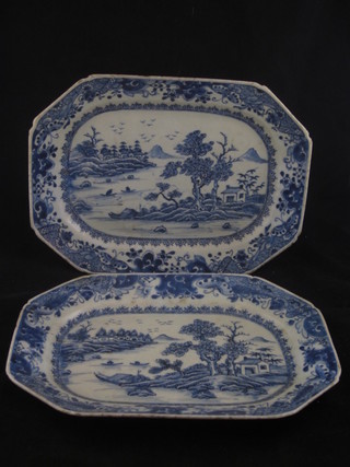A pair of 19th Century Willow pattern Nankin porcelain lozenge shaped meat plates, 12"  ILLUSTRATED