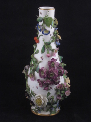 A Dresden porcelain encrusted club shaped vase decorated insects amidst foliage, the base with crossed swords mark, hairline crack  and chips, 10"