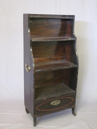 A Georgian mahogany 4 tier waterfall bookcase with brass drop  handles to the side, the base fitted a drawer, raised on square  supports 22"