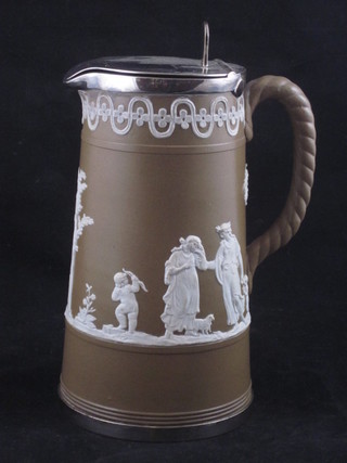 A Turnerware style jug with silver plated mount decorated  classical figures 7"
