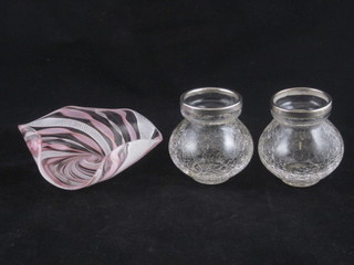 A Nailsea style shaped glass dish 4" and 2 crackle glass vases with silver rims