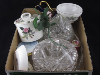 A circular glass dressing table jar and cover, do. tray etc