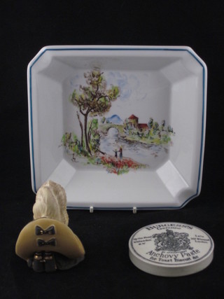 A Coalport model Ascot hat 3", a circular Burgess pot lid and a square porcelain ashtray decorated a rural scene 7 1/2"