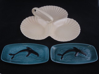 A Poole 3 section hors d'eouvres dish, base impressed Poole  England and incised 467 together with 2 rectangular Poole Pottery dishes decorated dolphins
