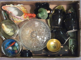 A circular cut glass powder bowl and cover, a reproduction  scrimshaw horn, a pair of plated tea glasses with glass liners and  a collection of marbles etc,