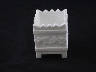 A square white glass planter with wavy border and vinery  decoration raised on square feet 3"