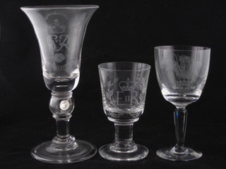 A George VI etched glass goblet to commemorate the 1937  Coronation, an Elizabeth II do. and 1 other for the Investiture of  Prince Charles