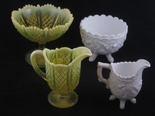 A pressed Vaseline glass pedestal bowl 5", do. jug 5" and a milk  glass jug and bowl decorated thistles