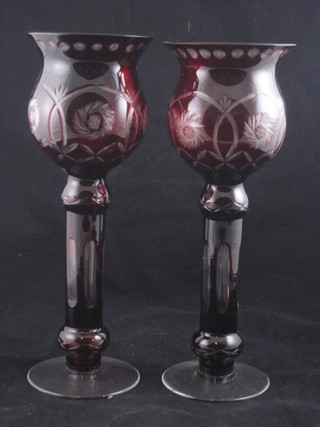 A pair of red Bohemian style glass vases of thistle form 11"