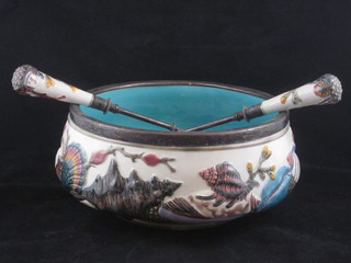 A Wedgwood Majolica style circular salad bowl with plated  mounts 9" and a pair of servers