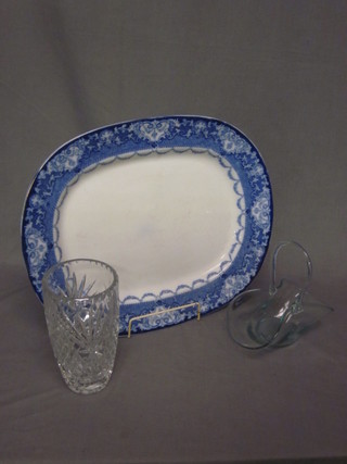 A Doulton Watteau pattern meat plate 19", a cut glass vase 8"  and a blue glass basket 9"