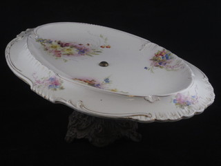 A pair of oval pottery dishes, raised on pierced gilt metal stands  15"
