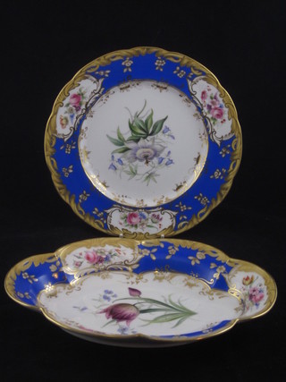 A 5 piece Worcester dessert service with gilt banding and floral decoration comprising 2 boat shaped dishes 10" and 3 plates 9",  the reverse with black Worcester mark and 12 dots