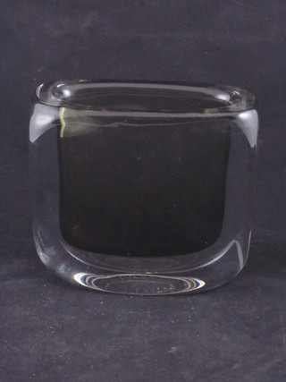 A smoked Art Glass boat shaped vase with signature to the base 5 1/2"