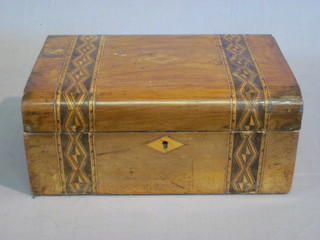 A Victorian D shaped inlaid mahogany trinket box with hinged  lid and parquetry banding 11"