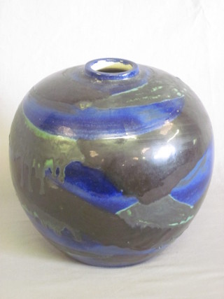An Oriental style blue glazed Art Pottery vase marked St Leu,  base impressed Made in England 8"