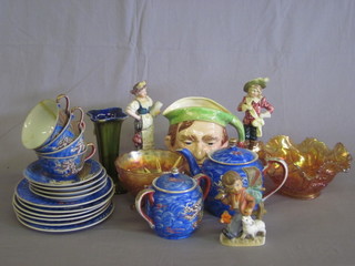 2 orange lustre bowls, a Japanese egg shell porcelain tea service, a character jug and other decorative ceramics
