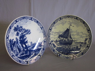 A Delft charger decorated a fishing boat and 1 other decorated landscape 15"