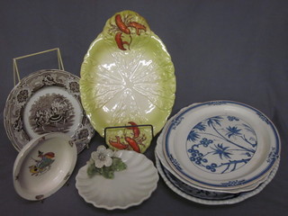 A Carltonware twin handled leaf shaped dish, the handles in the form of lobsters 17", 3 oval meat plates, 2 19th Century brown  glazed plates decorated dancing scenes, a scallop shaped dish and  a nursery dish decorated Old Mother Goose