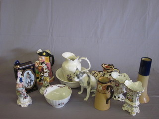 A Pryce's Pottery jug and bowl 9", 2 Continental porcelain vases  6", a Toby jug, pair of porcelain figures 9", a Masons Mandalay  pattern bowl, do. jug and other decorative ceramics