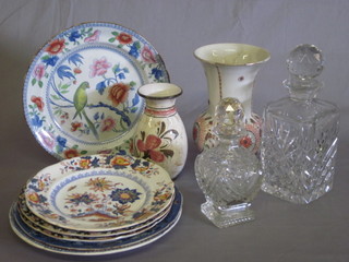 A cut glass spirit decanter and stopper, a cut glass perfume bottle, 1 other decanter, 2 vases and various decorative plates