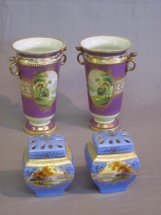 A pair of Noritake purple vases with gilt banding and panel landscape decoration 8" - 1 f and r, and a pair of Noritake blue  glazed pot pouri 4 1/2" - 1 lid f and r,