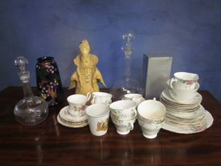 A Royal Stanley Art Pottery vase 8", 2 club shaped decanters and stoppers, a part Royal York coffee service, a pottery figure of a  standing lady and a George VI Coronation mug