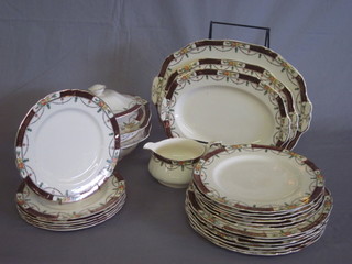 A 24 piece Alfred Meakin Sowway pattern dinner service with  gilt and red banding comprising a pair of 9" tureens and covers,  3 graduated meat plates, 14", 12" and 11", sauce boat, 6 10"  dinner plates - 2 crazed, 6 9" side plates, 6 8" tea plates - 1  crazed,