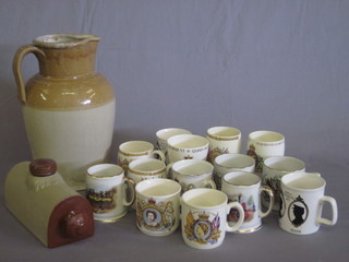 A salt glazed pottery jug 12", do. hotwater bottle and various Coronation mugs