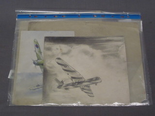 Douglas Ettridge, a folio containing 6 various pencil and watercolour drawings of WWII aircraft