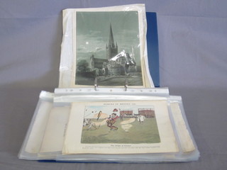 A blue plastic loose leaf folder containing various 19th Century humerous coloured prints and a collection of unmounted coloured  prints of Cathedrals