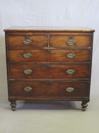 A 19th Century rectangular mahogany chest of 2 short and 3 long  drawers with brass plate handles, raised on turned supports 41"