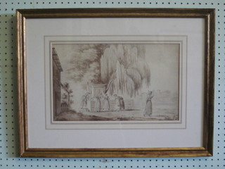 C Iureris, 19th Century Italian pencil drawing "Ladies by a  Well" indistinctly signed and dated 1822 9" x 15", some foxing
