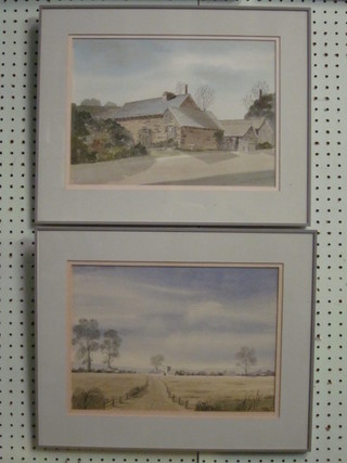 Ronald Morgan, watercolour "Rural Buildings" 9 1/2" x 13" together with 1 other "Country Landscape with Church in  Distance" 9 1/2" x 13" monogrammed RHM