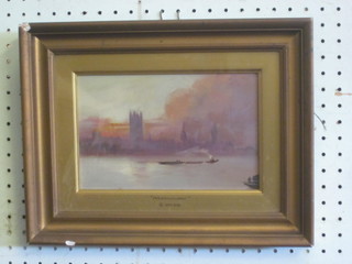 G Hyde, impressionist oil on board "Palace of Westminster From  The Thames" 5 1/2" x 8 1/2"