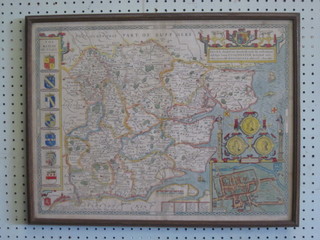 18th Century coloured map of Essex, crease to centre and  mounted tight to the margin and with description of Essex to the  reverse, 16" x 21"