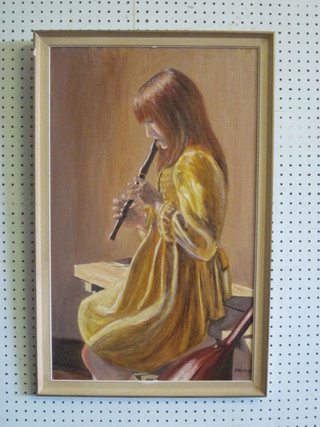 P Morley, oil on board "Girl Playing a Recorder" 25 1/2" x 15"