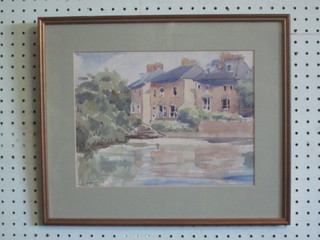 Chettle, watercolour drawing "Houses by a Pond" signed to left hand corner, 9" x 11"