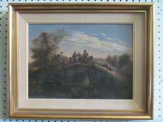 A 19th Century oil on board "Figure Driving a Mule Over a Two Arched Bridge" 8 1/2" x 11 1/2"