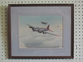 Tony Woodcut, a signed coloured print "B17 Flying Fortress of  No. 401 Squadron", the reverse signed best wishes Bill Reed  Victoria Cross 7" x 9 1/2"