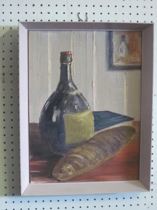 Ian Haines, oil on board "Bottle of Mateus Rose and a French  Stick" 15" x 11"