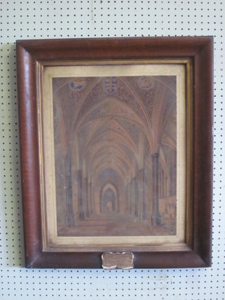A Victorian coloured print "Interior Scene" the base with plaque  - The Master From the Treasurer and Benches of The Middle  Temple" contained in a walnut frame 18" x 30"
