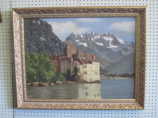 Richard Nicachi, oil on canvas "LacLamon, Chateau du  Chillen" chateau by a lake with mountain in distance, signed and  dated 1980 17" x 23"