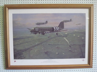 A limited edition coloured print after Geoffrey E Lea "Arnhem" signed in the margin by Major General John Frost 15" x 25"
