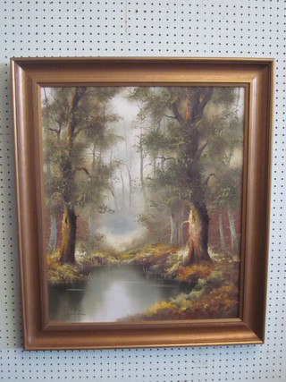 R Carli, oil on canvas "Wooded River" 24" x 19"