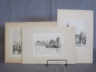 3 etchings of London "St Paul's From the Thames" 8" x 12",  "Lambeth Palace From the Thames" 6" x 8" and "Gateway to Lambeth Palace" 8" x 6 1/2", unframed