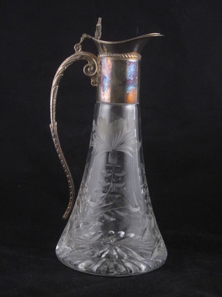 An Edwardian etched glass claret jug with silver plated mount